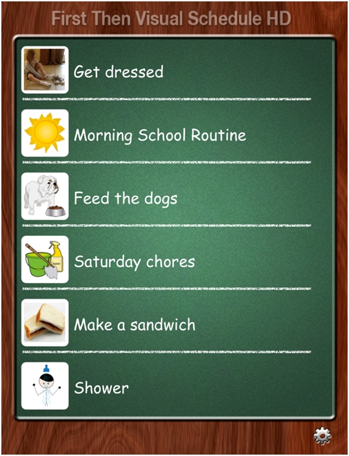 Screenshot aplikacji – lista czynności takich jak: ubranie się, wyprowadzenie psa, czy zrobienie kanapki