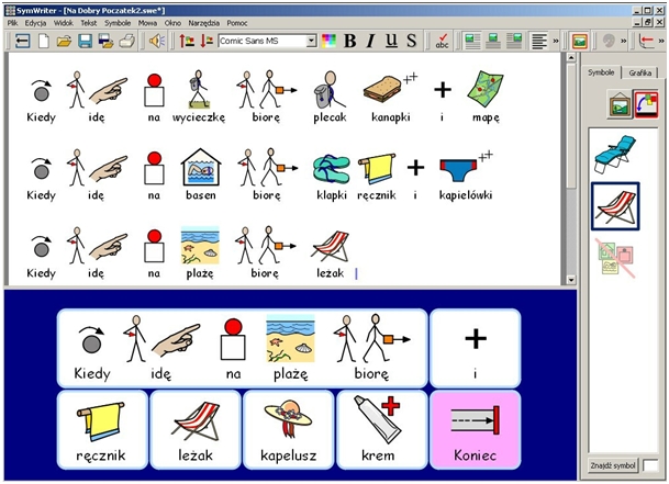 Screenshot programu SymWriter. Plansze z obrazkami powiązanymi z rożnymi słowami. Za pomocą łączenia obrazków można stworzyć przejrzysty komunikat