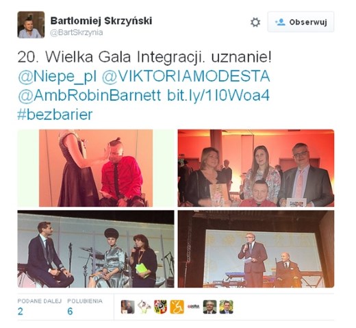 Twitt Bartłomieja Skrzyńskiego chwalący Galę