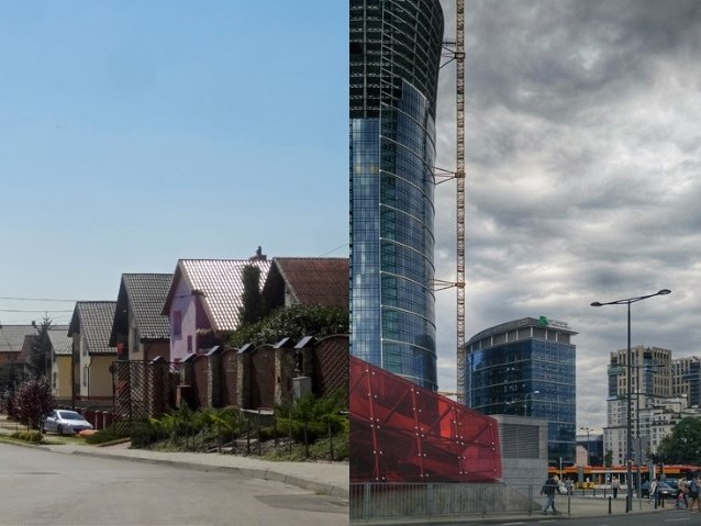 dwa zdjęcia porównawcze - po lewej domy jednorodzinne w mniejszej miejscowości, po prawej szklane wieżowce w Warszawie