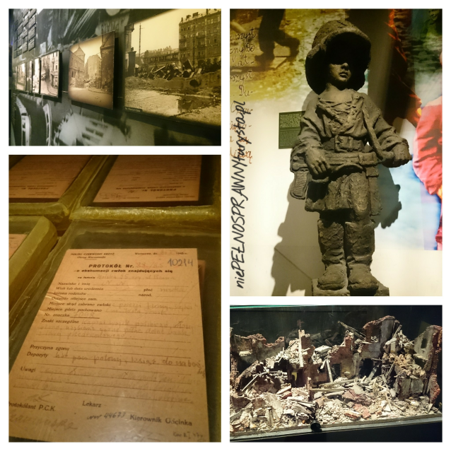 cztery zdjęcia przedstawiające wystawę przedwojennych fotografii Warszawy, dokument-protokół, pomnik małego powstańca i replikę fragmentu ruin Warszawy 