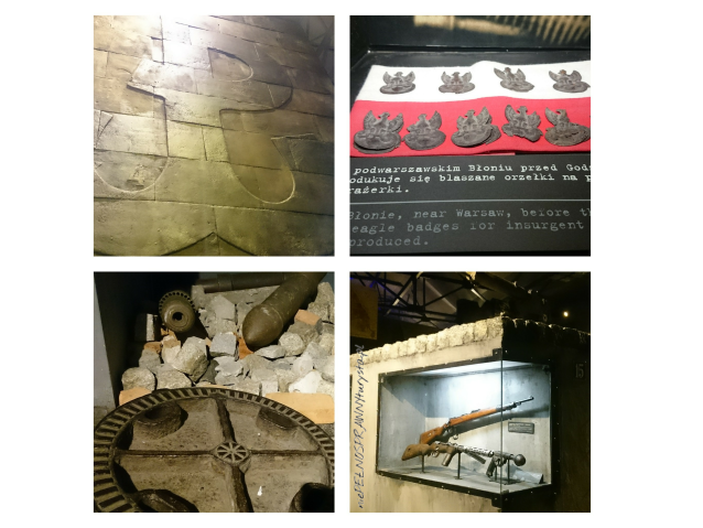 cztery zdjęcia, przedstawiające: znak Polski Podziemnej, blaszane orzełki, pociski i kamienie z powstania oraz dwa karabiny w szklanej gablocie