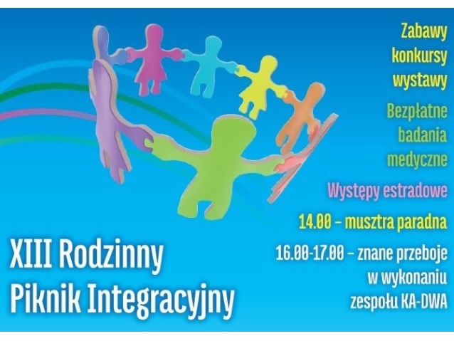 grafika pikniki integracyjnego - na niebieskim tle kolorowe ludziki trzymają się za ręce