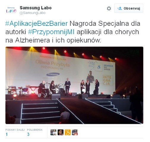 twitt Samsunga o Aplikacjach bez barier i Nagrodzie Specjalnej za aplikację dla chorych na alzheimera