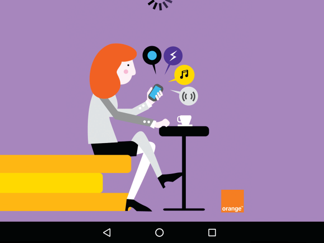 grafika; dziewczyna siedzi przy stoliku, w telefonie wyświetlają się aplikacje, z których korzysta