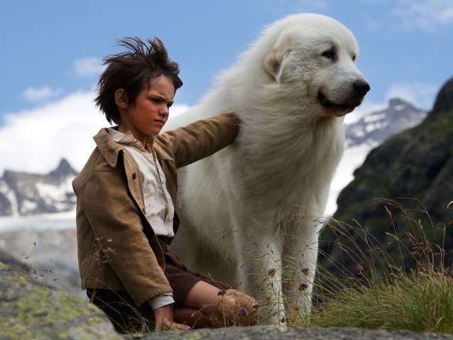 chłopiec Sebastian głaszcze wielkiego białego psa Bellę