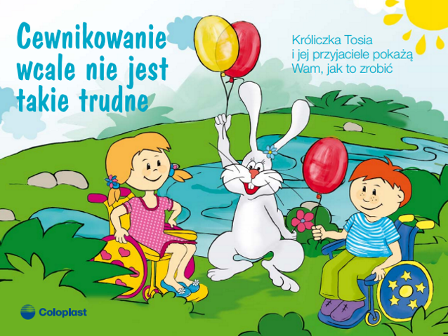 ilustracja: od lewej dziewczynka na wózku, królik z balonikiem i chłopczyk na wózku