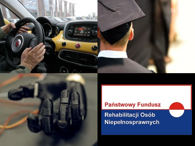 cztery zdjęcia: samochód, student, proteza dłoni i logo PFRON