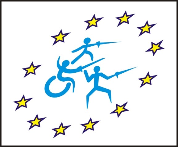 logo turnieju Z floretem do gwiazd - trzy uproszczone sylwetki szermierzy, w tym jeden na wózku. W okół nich gwiazdki jak na fladze Unii Europejskiej