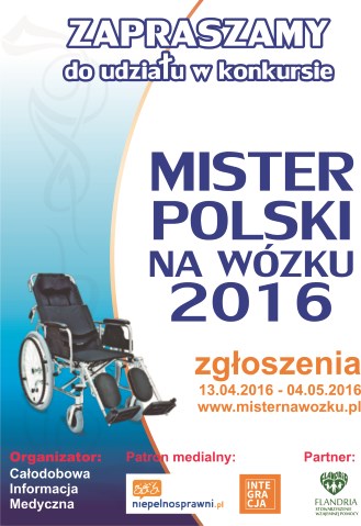 plakat wydarzenia - napis Mister Polski na Wózku 2016, termin zgłoszeń oraz wózek