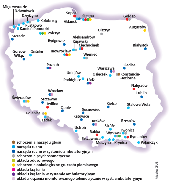 mapa Polski z zaznaczonymi uzdrowiskami