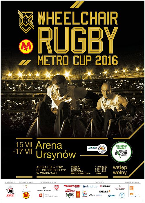 Plakat turnieju Wheelchair Rugby Metro Cup 2016. Na pierwszym planie z mroku wyłaniają się rugbyści