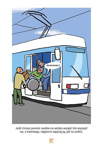 Dwóch mężczyzn niesie krzyczącą bezradnie osobę na wózku na schodkach tramwaju.