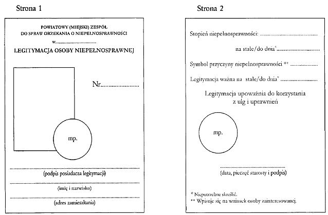 Awers i rewers obecnie funkcjonującej legitymacji osoby niepełnosprawnej. Biała z m.in.: miejscem na zdjęcie, imię, nazwisko, adres, stopień niepełnosprawności, datę ważności