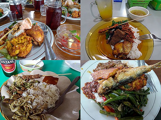 cztery zdjęcia złączone w jedno, przedstawiające jedzenie w Indonezji na wielkich talerzach