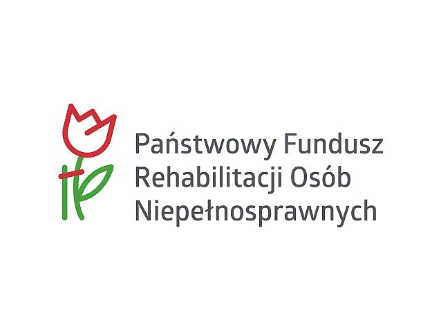 Logo PFRON. Podparty kwitnący kwiatek, obok napis: Państwowy Fundusz Rehabilitacji Osób Niepełnosprawnych