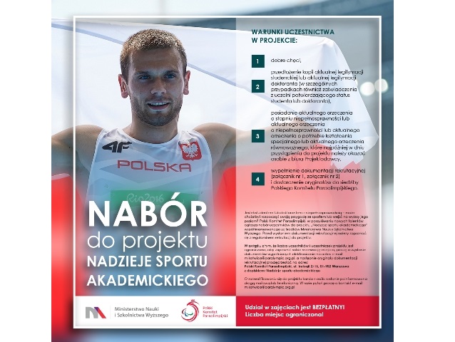 Plakat informacyjny o projekcie Nadzieje sportu akademickiego z sylwetką Michała Derusa