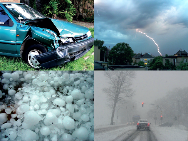 cztery zdjęcia: rozbity samochód, piorun, grad, śnieżyca