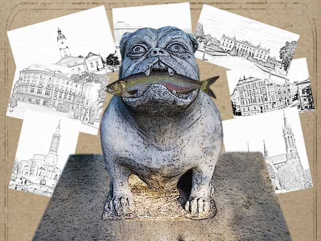 plakat spektaklu pn. Śledzie, przedstawiający postąg psa ze śledziem w pysku, w tle stare zdjęcia białegostoku