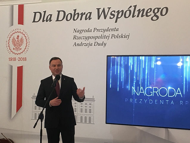 Prezydent Andrzej Duda przemawia podczas gali konkursu Dla Dobra Wspólnego