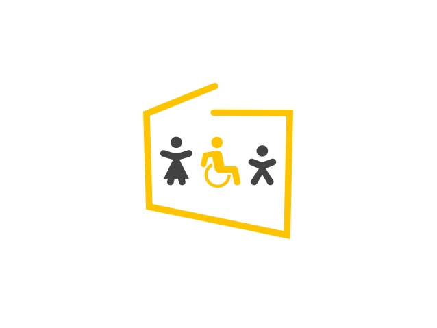 Logo programu Dostępność Plus. Sylwetki trzech osóby, w tym jednej na wózku, wpisane w kontur Polski