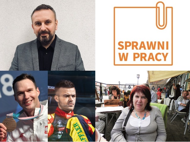 Od lewej: dr Paweł Rutkowski, grafika - logo portalu Sprawniwpracy.com, Igor sikorski, Bartosz Ostałowski i Grażyna Polka