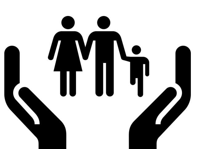 prosta grafika: kobieta, mężczyzna i dziecko bez nogi otoczeni dłońmi