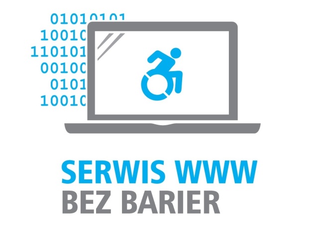 Logo Serwis www bez barier. Grafika przedstawia symbol osoby na wózku na ekranie laptopa, w tle kod zerojedynkowy