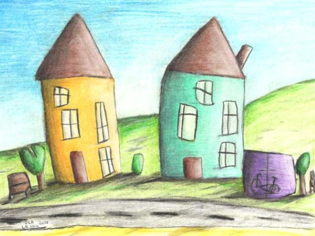 Powiększone zdjęcie: Dwa wysokie domki - żółty i miętowy