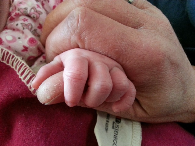 ręka dorosłego mężczyzny trzyma w swojej dłoń malutkiego dziecka