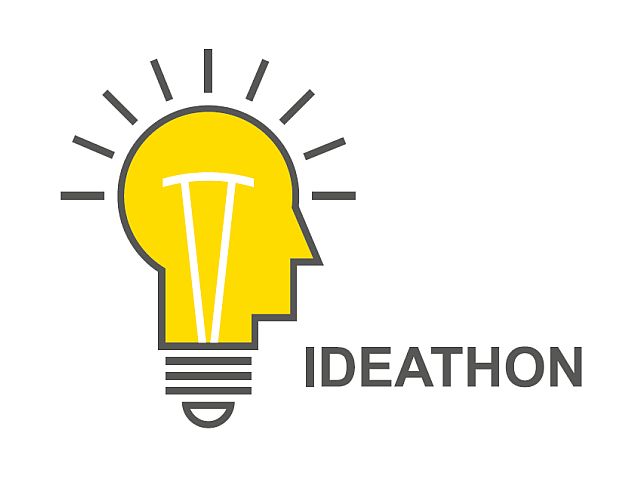 Logo Ideathonu. Żarówka w kształcie ludzkiej głowy i napis: Ideathon