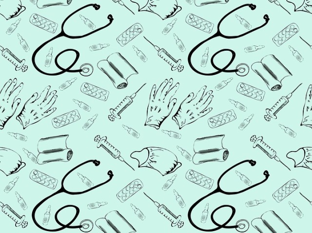 grafika kilku medycznych przedmiotów skopiowanych obok siebie: stetoskop, dłonie, strzykawki, opatrunki