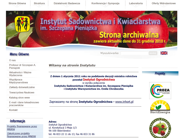 strona Instytutu Sadownictwa i Kwiaciarstwa