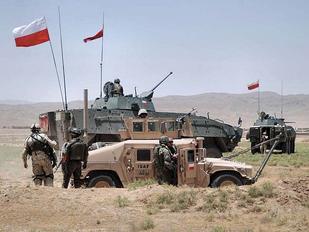 Polskie pojazdy opancerzone, wokół nich stoją żołnierze, w pustynnym terenie, w tle góry