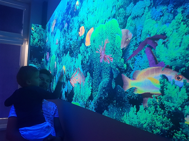 Mężczyzna trzyma na rękach chłopca. Obaj patrzą na wyświetlane na ścianie egzotyczne ryby na tle rafy koralowej