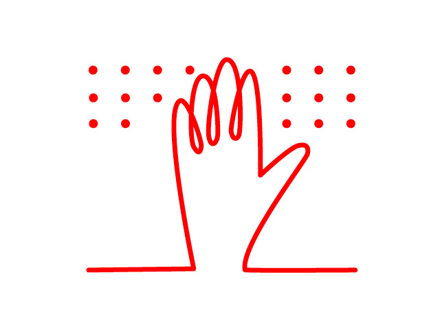 Grafika dłoni, w tle punkty z alfabetu Braille'a
