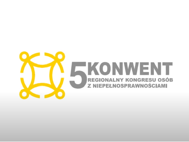 plansza z żółtym logo i napisem 5 konwent regionalny osób z niepełnosprwanościami