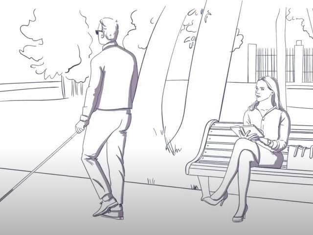 czarno biały rysunek kobieta siedzi na ławce w parku obok niej przechodzi mężczyzna z białą laską i ciemnych okularach
