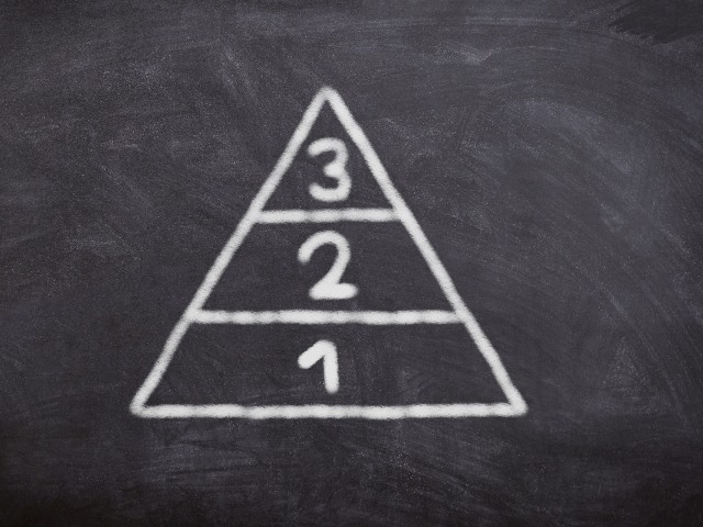czarna tablica a na niej białą kredą narysowany trójką podzielony na trzy części, w każdej wpisane cyfry od góry 3,2,1