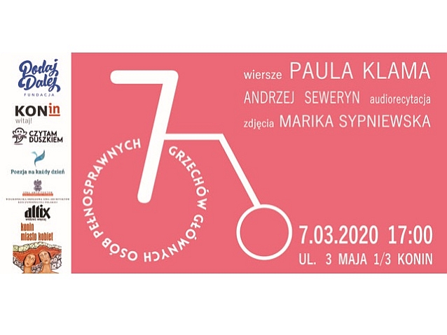 grafika na różowym tle logo projektu 7 marca 2020 godzina 17 po lewej biały pasek z logami