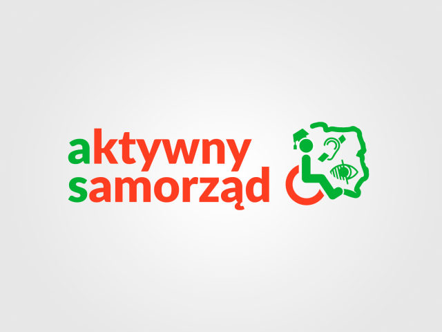 Logo aktywnego samorządu na szarej planszy napis aktywny samorząd z rysunkiem mapy polski na kółkach wózka