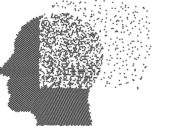 grafika rysunek głowy z kropek i część mózgu zaznaczona rzadszymi kropkami które wylatują z głowy