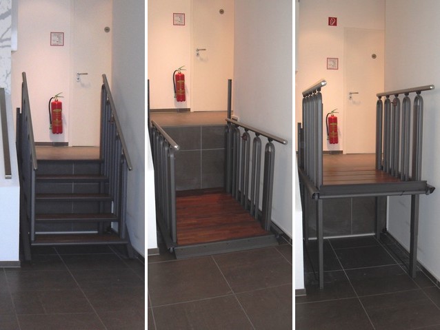 Trzy zdjęcie z trzema funkcjami flexstepa: jako schody i ze schodami złożonymi w platformę w pozycjach na dole i na górze
