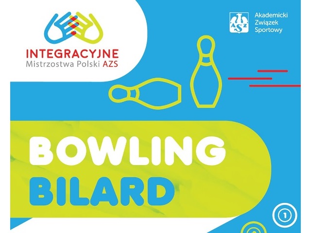 na niebieskim tle logo integracyjnych mistrzostw polski AZS i akademickiego związku sportowego rysunek kręgli i napis Bowling bilard