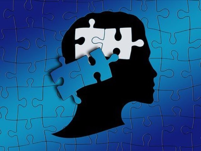 niebieskie puzzle na ich tle rysunek głowy z dwoma puzzlami wypadającymi z jej środka