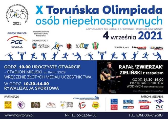 plakat z napisem X toruńska olimpiada osób niepełnosprawnych, logotypami i zdjęciem wykonawcy muzycznego Rafała Zwierzaka Zielińskiego