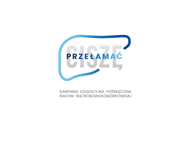 logo napis przełamać ciszę w niebieskiej obwódce na dole napis kampania edukacyjna poświęcona rakowi wątrobowokomórkowemu