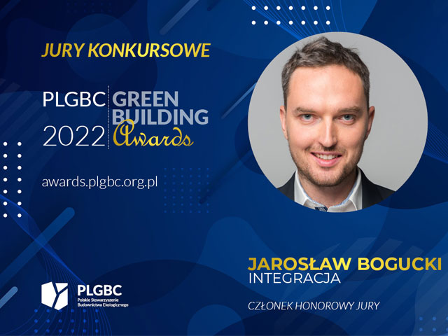 Napis: Green Building Awards. Po prawej stronie grafiki twarz mężczyzny młodego, niżej podpis: Jarosław Bogucki, Integracja