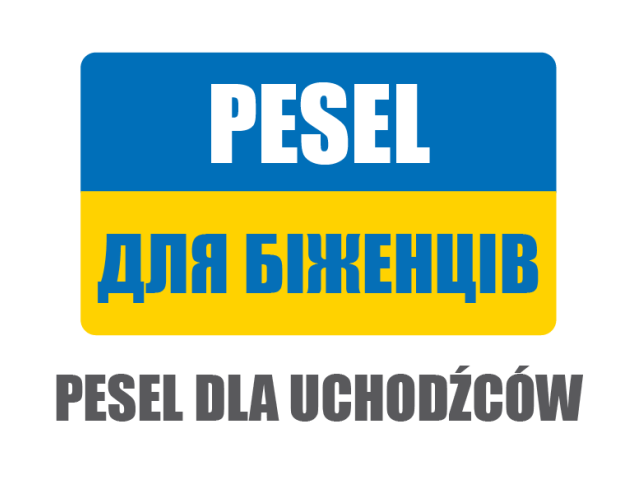 Flaga Ukrainy. Na niebieskim tle napis Pesel, na żółtym - słowa w języku ukraińskim. Na dole flagi napis: Pesel dla uchodźców