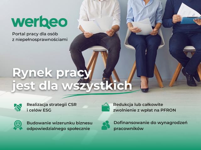 Trzy osoby siedzą trzymając w dłoniach svoej cv. Nie widać ich twarzy. Na zdjęciu jest napisane Verbeo: portal pracy dla osób z niepełnosprawnościami. Rynek pracy jest dla wszystkich.  